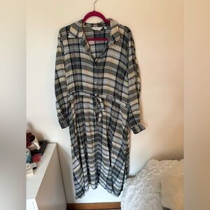Encore Plaid Tie Waist Button Down Maxi Shirt Dress